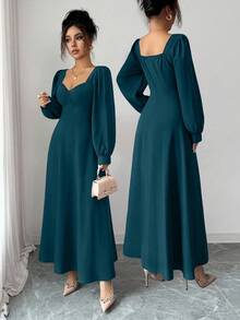 Elenzga 女士优雅方领泡泡袖束腰长裙，适合日常通勤 - 水鴨藍 - 查看 8