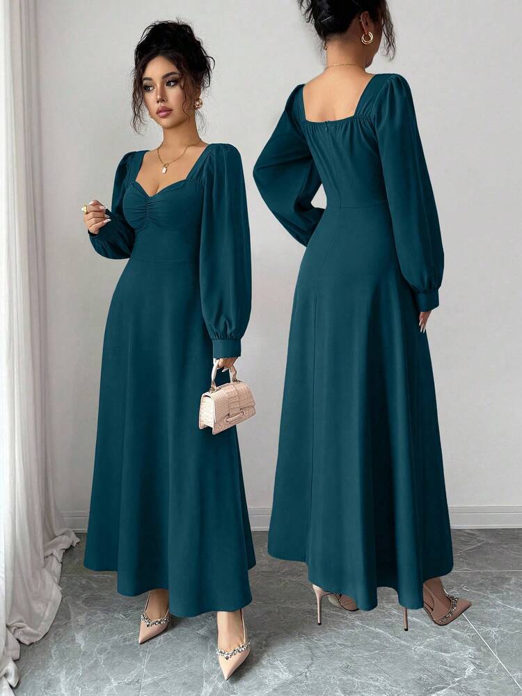 Elenzga Đầm Maxi Tay Phồng Cổ Vuông Thanh Lịch Cho Nữ, Phù Hợp Cho Việc Đi Lại Hàng Ngày - Màu xanh ngọc - Xem 8