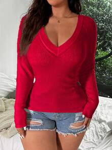 Vibekara Pull décontracté ajusté de couleur unie, grande taille, automne - Rouge - Voir 1