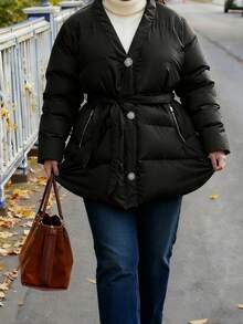 INAWLY Plus Size Women V-Neck Cinched Waist Padded Coat - Black - View 3