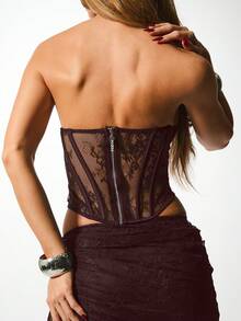 KIZN Sculpted Lace Bustier Corset Top With Sheer Panel Detail For Evening Occasions - Chocolate Brown - View 5