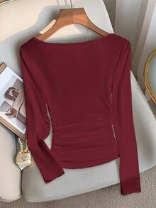 Franclia Elegant French Style Off Shoulder Long Sleeve Cinched Waist Cream White T-Shirt For Women, Autumn/Winter - Burgundy - View 2