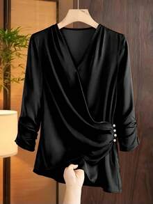 SHEIN Franclia 女士时尚纯色不对称优雅衬衫 - 黑色 - 查看 3