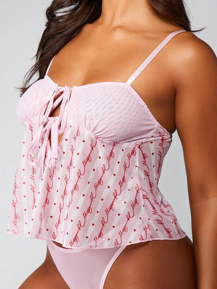 MISSGUIDED Script Print Babydoll Lingerie Set With Hearts And Bow Ties Sleepwear For Women