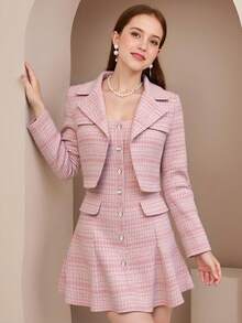 SHEIN 2pcs/Set Teenager's Spring/Autumn Short Blazer Jacket + Tube Dress, Suitable For Daily Outing, Party And Other Occasions - Pink - View 3