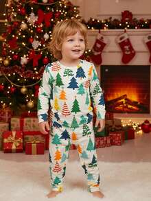 2pcs Christmas Pajamas For Toddler Boys, Crew Neck Long Sleeve Top And Pants Set, Colorful Christmas Tree Print, Soft Knit Fabric, Tight Fit - Multicolor - View 1