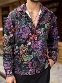 HIMLAND Men Casual Paisley Pattern Digital Print Button-Down Long Sleeve Shirt, Boho 70s Retro Style Shirt, Ideal For The Artistic Soul, Fall