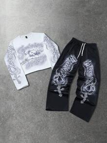 ROMWE MEN Street Life Men's Minimalist Print Cross Crew Neck Long Sleeve Sweatshirt And Pants Set - Multicolor - View 1