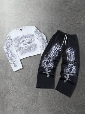 Men's Minimalist Print Cross Crew Neck Long Sleeve Sweatshirt And Pants Set