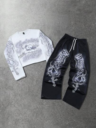 Men's Minimalist Print Cross Crew Neck Long Sleeve Sweatshirt And Pants Set