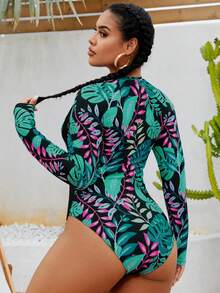 Swim SPRTY 加大码女式连体拉链前随机印花长袖修身泳衣，适合冲浪、运动、海滩、泳池 - 彩色 - 查看 2
