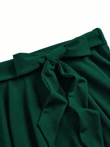 SHEIN Clasi 大码女式休闲纯色蝴蝶结A字裙 - 墨綠色 - 查看 4