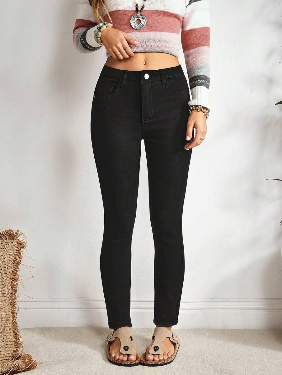 EMERY ROSE 女式纯色前扣简约修身休闲牛仔裤 - 黑色 - 查看 1