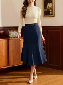 Vintamour 复古经典优雅女裙秋冬合身腰带鱼尾下摆铅笔裙咖啡色长裙 - 藏蓝色 - 查看 6