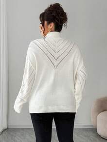 Elenzga 大码女式 V 领纯色套头毛衣，冬季 - 米色 - 查看 2