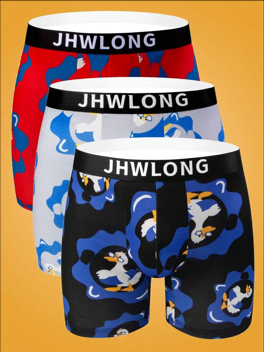 Notgurli 3pcs Set Men's Elastic Comfortable Swim Trunks With Cartoon Inflatable Duck & Swimming Ring Graphic Print, Illustration Style - Multicolor - View 1