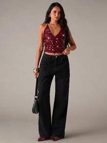 SHEIN BAE 秋冬夜店派对时尚性感亮片吊带露背吊带上衣，派对上衣，夜店上衣，女士时尚上衣，亮片上衣，情人节 - 酒紅色 - 查看 7