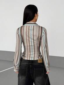 StreetHx 女式前扣休闲时尚街头彩色条纹修身衬衫 - 彩色 - 查看 2