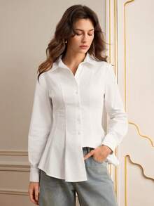Lilora Women's Casual Elegant Solid Color Waist Shirt Winter Clothes For Women Clothes For New Year Fitted Waist Long-Sleeved Commuter Shirt - White - View 5