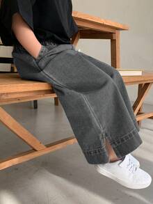 Dazy Kids 年轻女孩宽松口袋阔腿休闲宽松牛仔裤，百搭 - 灰色 - 查看 6