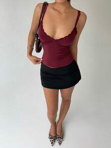 Aloruh Women's Burgundy Lace Patchwork Deep Sweetheart Neck Fitted Camisole Sexy,Sexy Tops,Red Top,Christmas - Burgundy - View 1