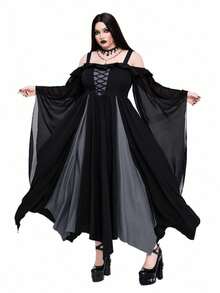 Whyspr Plus Size Women's Gothic Style Color Block Cinched Waist Long Dress - Grey - View 3