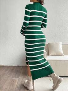 SHEIN Elegant Striped Fitted Ribbed Knit Sweater For Pregnant Women, Autumn/Winter Fall Maternity Dress Striped Maternity Dress Long Sleeve Maternity Dress Knit Midi Maternity Dress Maternity Bodycon Dress - Green - View 2