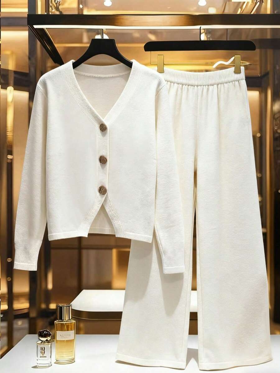 GlowEve 2件套女士针织开衫和直筒裤套装,优雅别致,秋冬 - 米色 - 查看 1