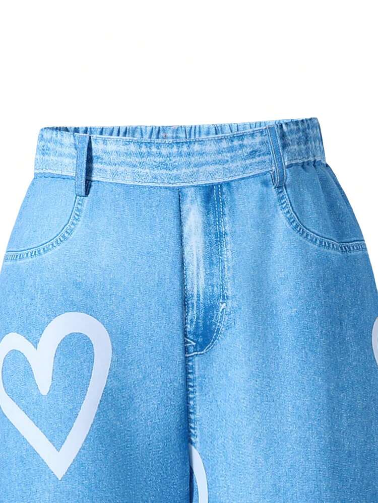 3 peças/Conjunto Ajuste Justo para Meninas Pré-Adolescentes Top de Manga Longa Branca de Gola Redonda + Jaqueta Curta de Lã Xadrez + Calça Azul Slim de Cintura Alta com Estampa de Coração, Adequado para Uso Diário no Outono/Inverno - Multicolorido - Visão 5
