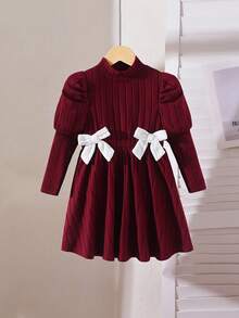 Robe pull à col roulé en tricot côtelé pour jeunes filles, manches gigot + nœud décoratif de couleur contrastée, robe minimaliste et convenant pour le printemps et l'automne - Rouge foncé - Voir 3
