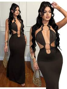 SHEIN SXY 性感夜店镂空咖啡棕色连衣裙 - 咖啡棕 - 查看 5