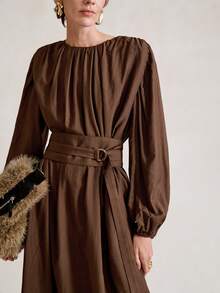 Aalyst Women's Elegant French Style Luxury Chic Christmas Party Casual Vacation Workwear Vintage Loose Waist Ruched Hem Long Sleeve Dress With Pockets