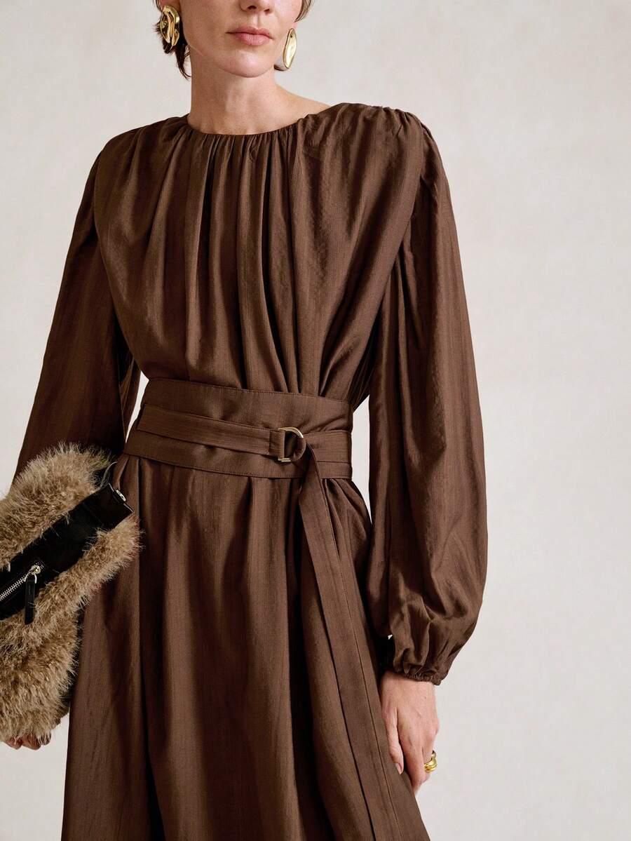 Aalyst Women's Elegant French Style Luxury Chic Christmas Party Casual Vacation Workwear Vintage Loose Waist Ruched Hem Long Sleeve Dress With Pockets