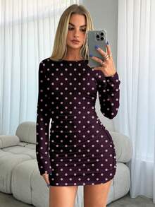 Aloruh 女士纯色圆领长袖紫色波尔卡圆点印花浪漫优雅褶饰印花紧身迷你连衣裙，适合约会、外出，时尚 - 彩色 - 查看 3