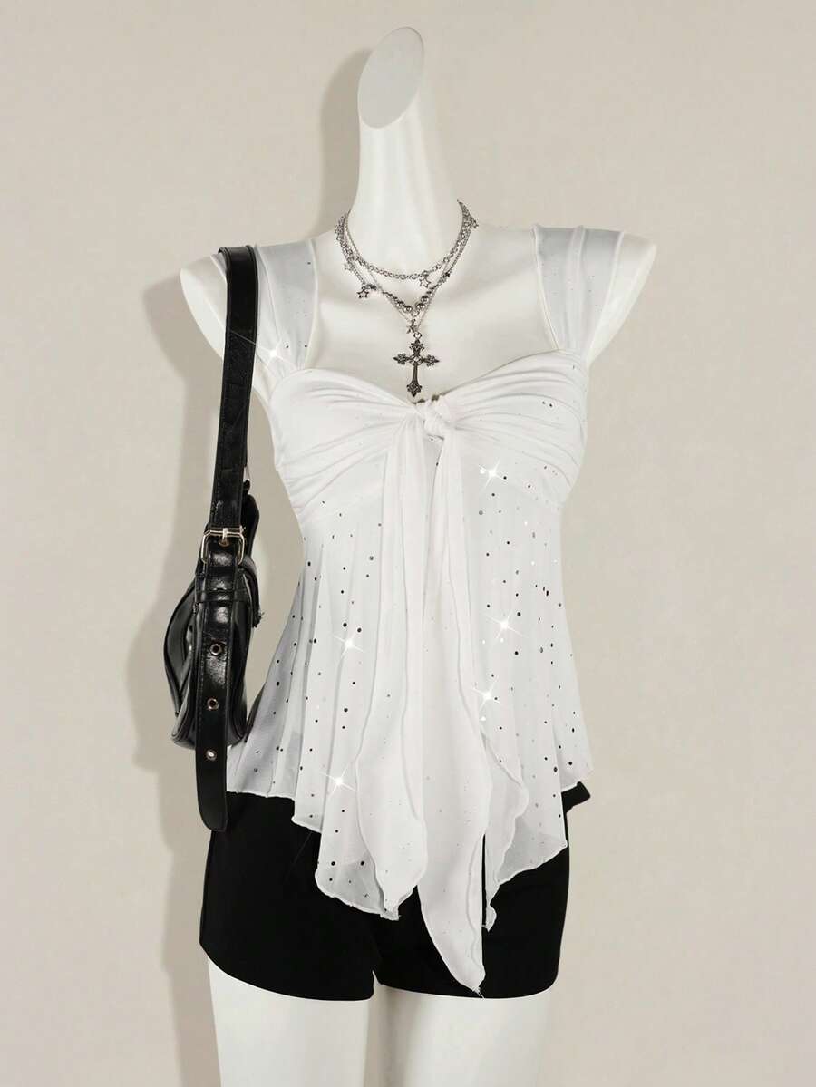 SHEIN ICON Áo ba lỗ nữ vải bóng viền lưới bất đối xứng - trắng - Xem 1