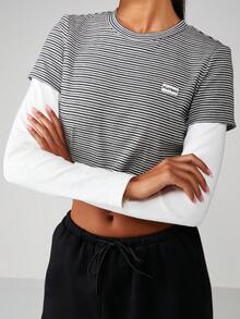 Missguided x Playboy 多层短款罗纹 T 恤条纹长袖多层上衣圆领休闲套头衫 - 彩色 - 查看 1