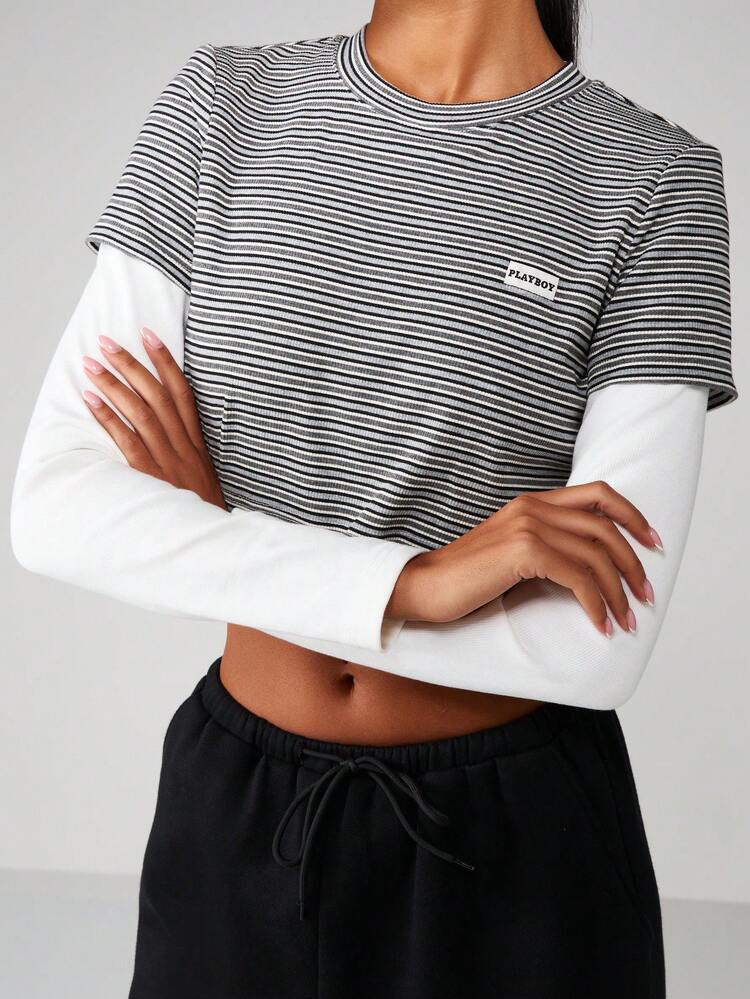 Missguided x Playboy Multilayer Crop Rib Tee Striped Long Sleeve Layered Top Round Neck Casual Pullover