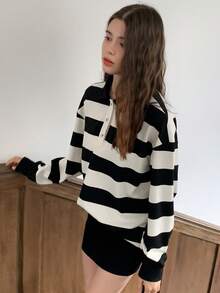 Dazy Kids 少女条纹纽扣运动衫 - 黑與白 - 查看 1