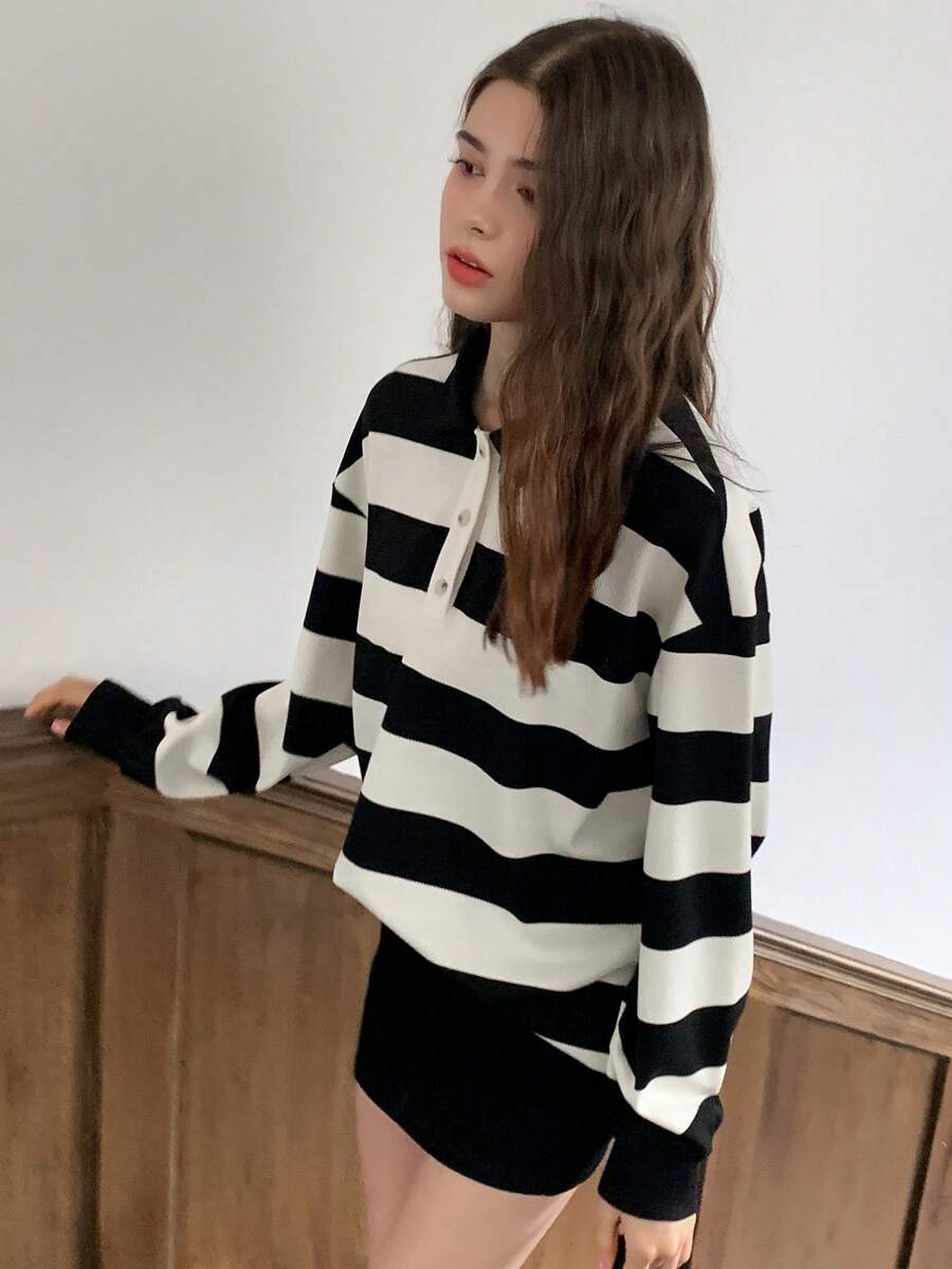 Dazy Kids 少女条纹纽扣运动衫 - 黑與白 - 查看 1