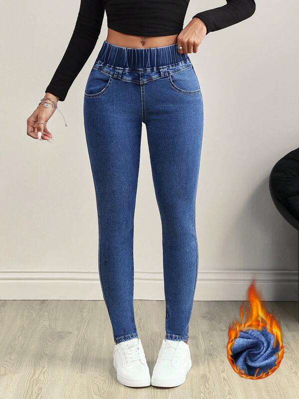Flexra Mid-Waist Elastic Waist Patchwork Stretch Skinny Jeans