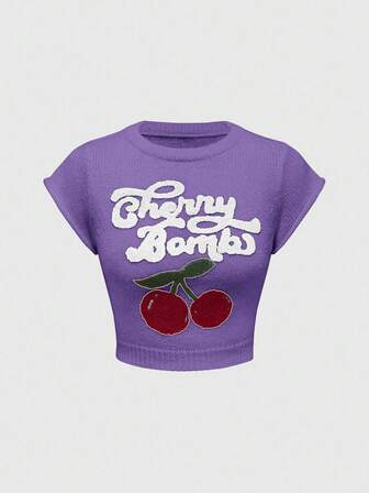 Kawaii Suéter de mujer con cuello alto, mangas farol y bordado de cerezas, con estilo universitario lindo e inocente