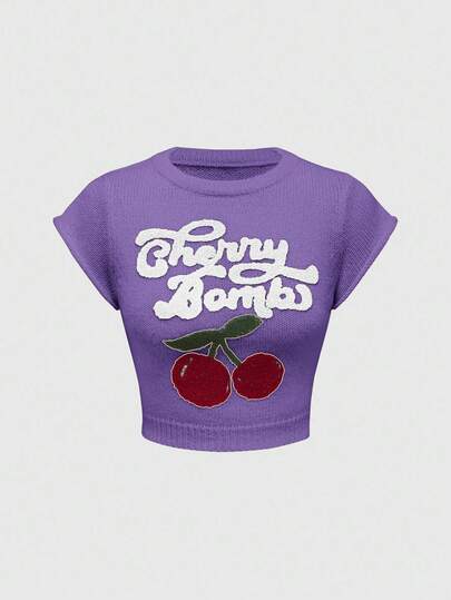 Kawaii كنزة نسائية بياقة عالية وأكمام فانوس مطرزة بالكرز بطراز كولومبي جميل وبريء