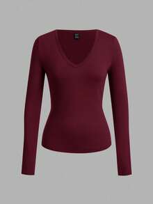 SHEIN EZwear 3 件套女士深 V 领修身休闲长袖 T 恤套装，秋冬 - 彩色 - 查看 4