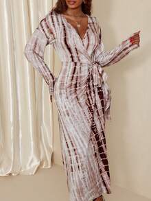 Eryvara Váy quấn tay dài cổ chữ V in họa tiết đầy đủ dành cho nữ - màu nâu - Xem 5