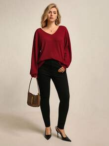 Juhart Plus Size Back Bow Long Sleeve Top For Women, Loose Fit, Flattering And Chic - Burgundy - View 7