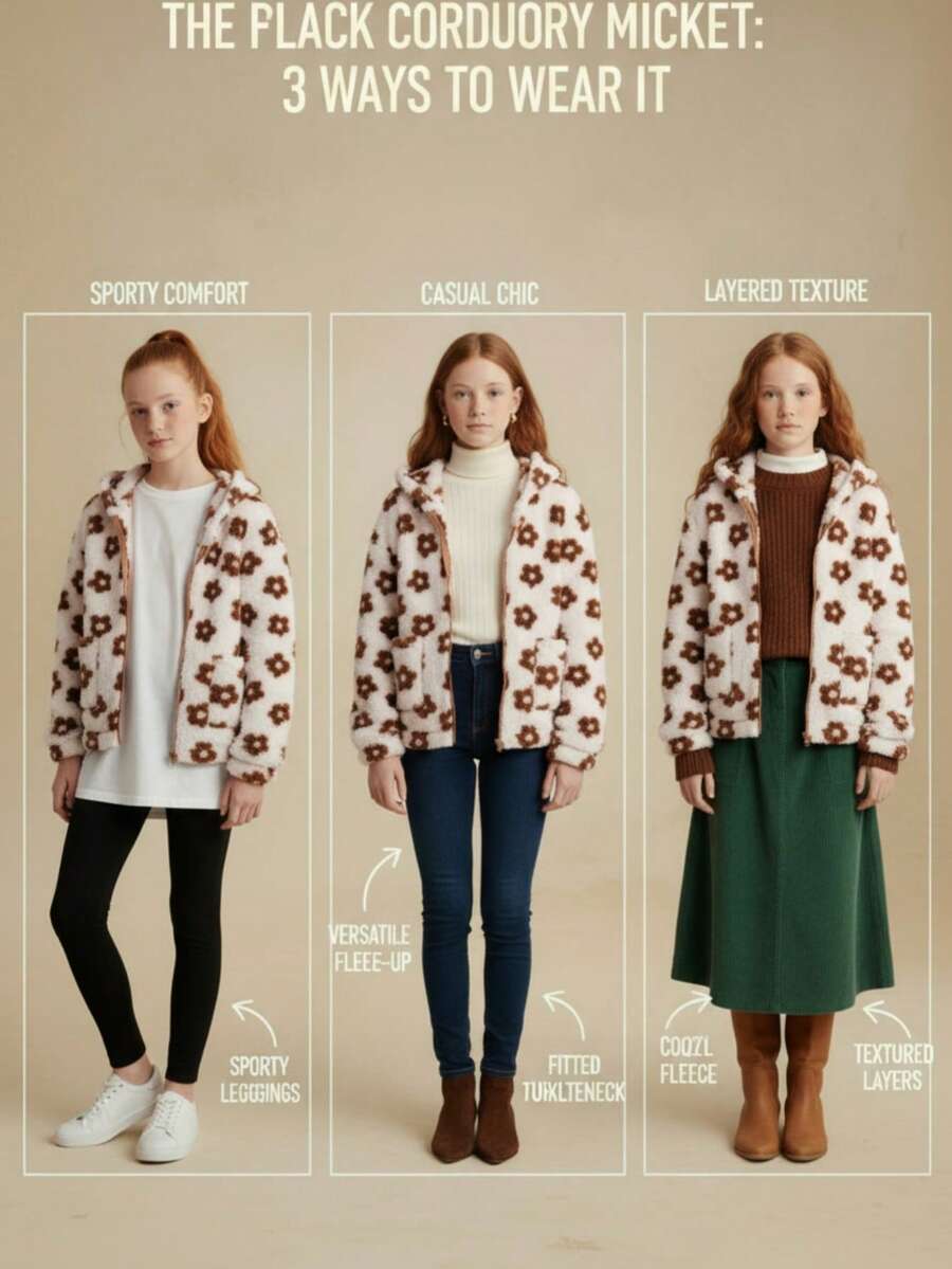 Tween Girl Floral Fuzzy Hooded Zip-Up Jacket, Autumn/Winter Fall - Baby Pink - View 1