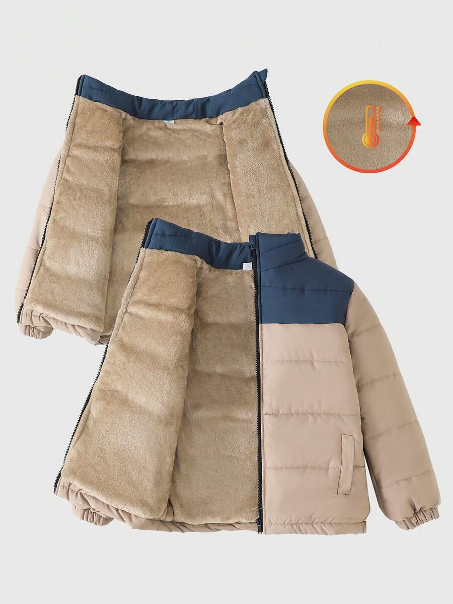 SHEIN 青少年男童牛仔棉衣，男童冬季新款棕色拼布开衫拉链立领外套男童厚棉衣，时尚冬季外套，儿童户外街头服饰，适合上学、聚会 - 卡其色 - 查看 1