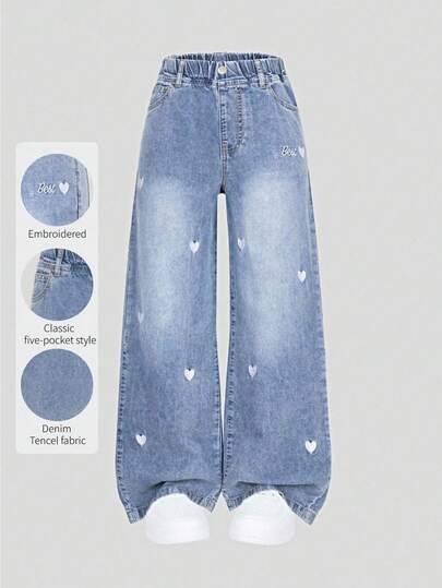 SHEIN ChillGRL Jeans de estilo Y2K para adolescentes, diseño bordado de corazón, pierna ancha y suelta, tela suave y cómoda, adecuado para uso diario, escuela y transporte, disponible en todas las estaciones