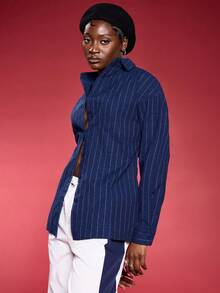 Normani Women's Navy Striped Drop Shoulder Long Sleeve Single-Breasted Back Cutout Tie Shirt Daily Wear,Fall Women Clothes,Sexy Women Tops,Business Casual Women - Navy Blue - View 4