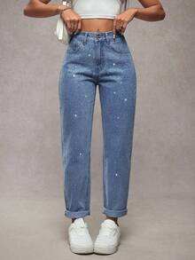 SHEIN Tall 女式高腰水钻装饰水洗牛仔锥形裤 - 深色水洗藍 - 查看 4